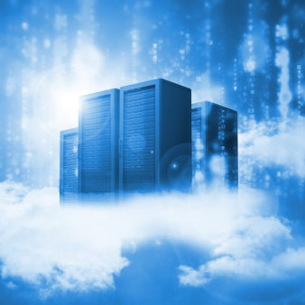 Data servers resting on clouds in blue