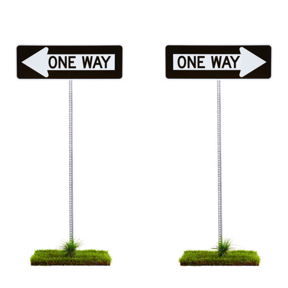 Two one way signs pointing to opposite directions