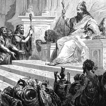 Rare and beautifully executed Engraved illustration of King Solomon in All His Glory Biblical Engraving from The Popular Pictorial Bible, Containing the Old and New Testaments, Published in 1862. Copyright has expired on this artwork. Digitally restored.